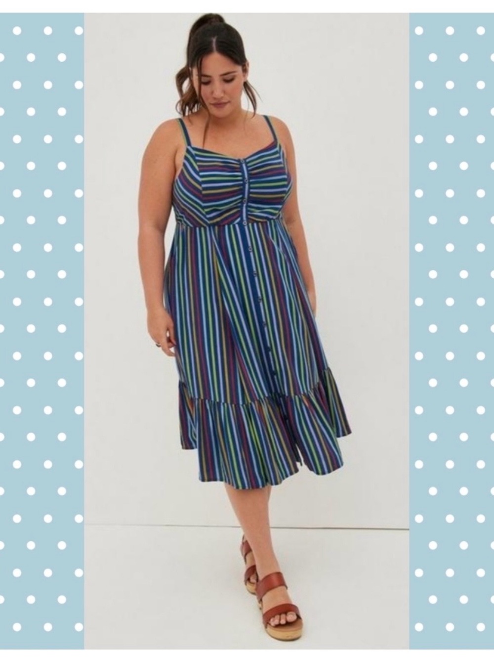 Torrid blue multiple vertical stripe ruffle hem boho dress